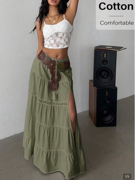 Dresses & Skirts - Tiered Green Maxi Skirt with Side Slit